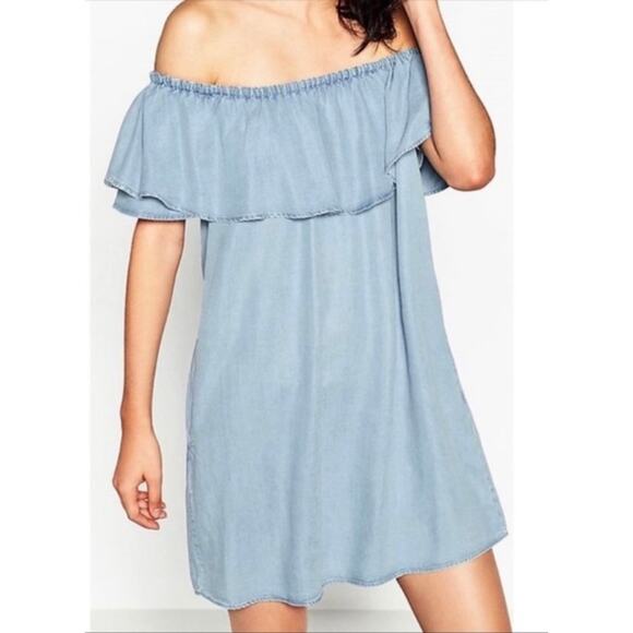 Zara Chambray Off the Shoulder Dress, size Large - Picture 1 of 5